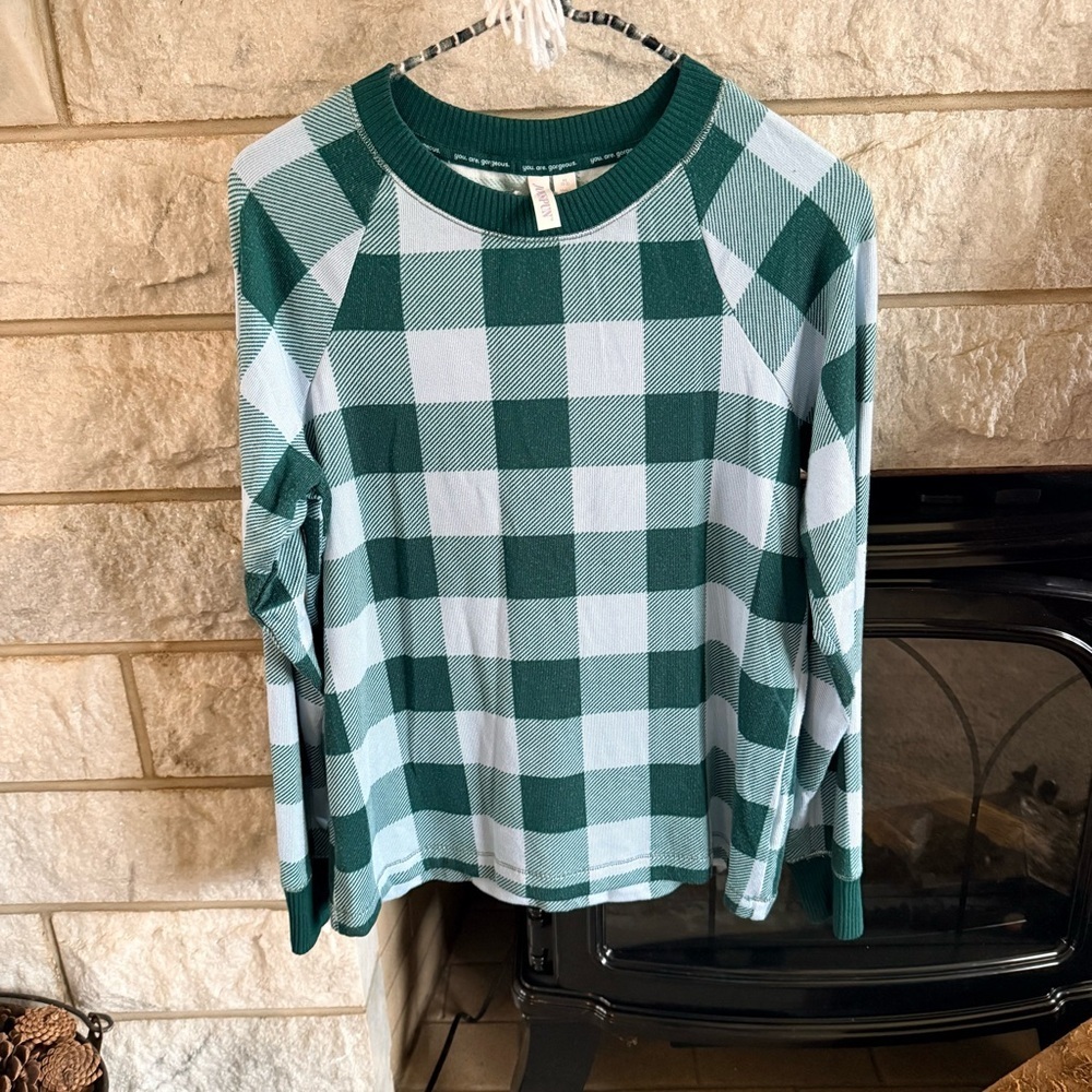 Joyspun Green and Baby Blue Plaid Knit Top Small 0-2